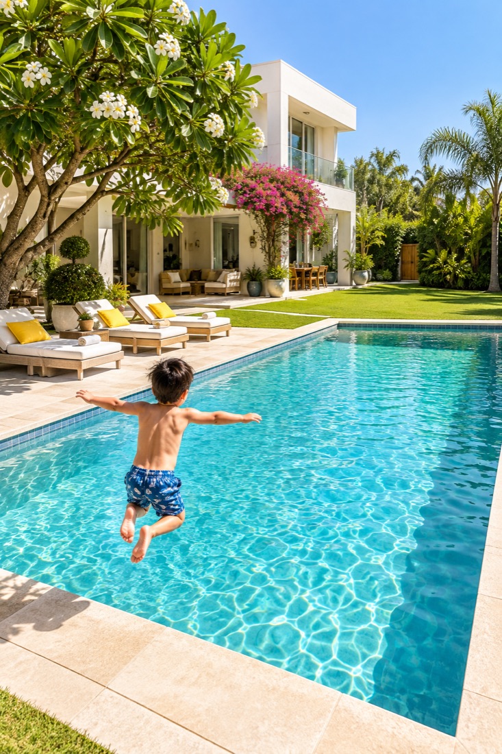 A private swimming pool in a villa garden on a sunny day